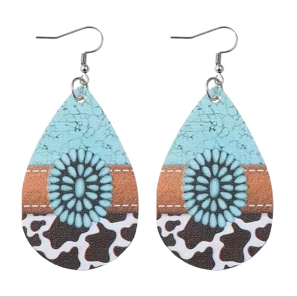 Boho Turquoise & Cow Print Faux Leather Teardrop Earrings